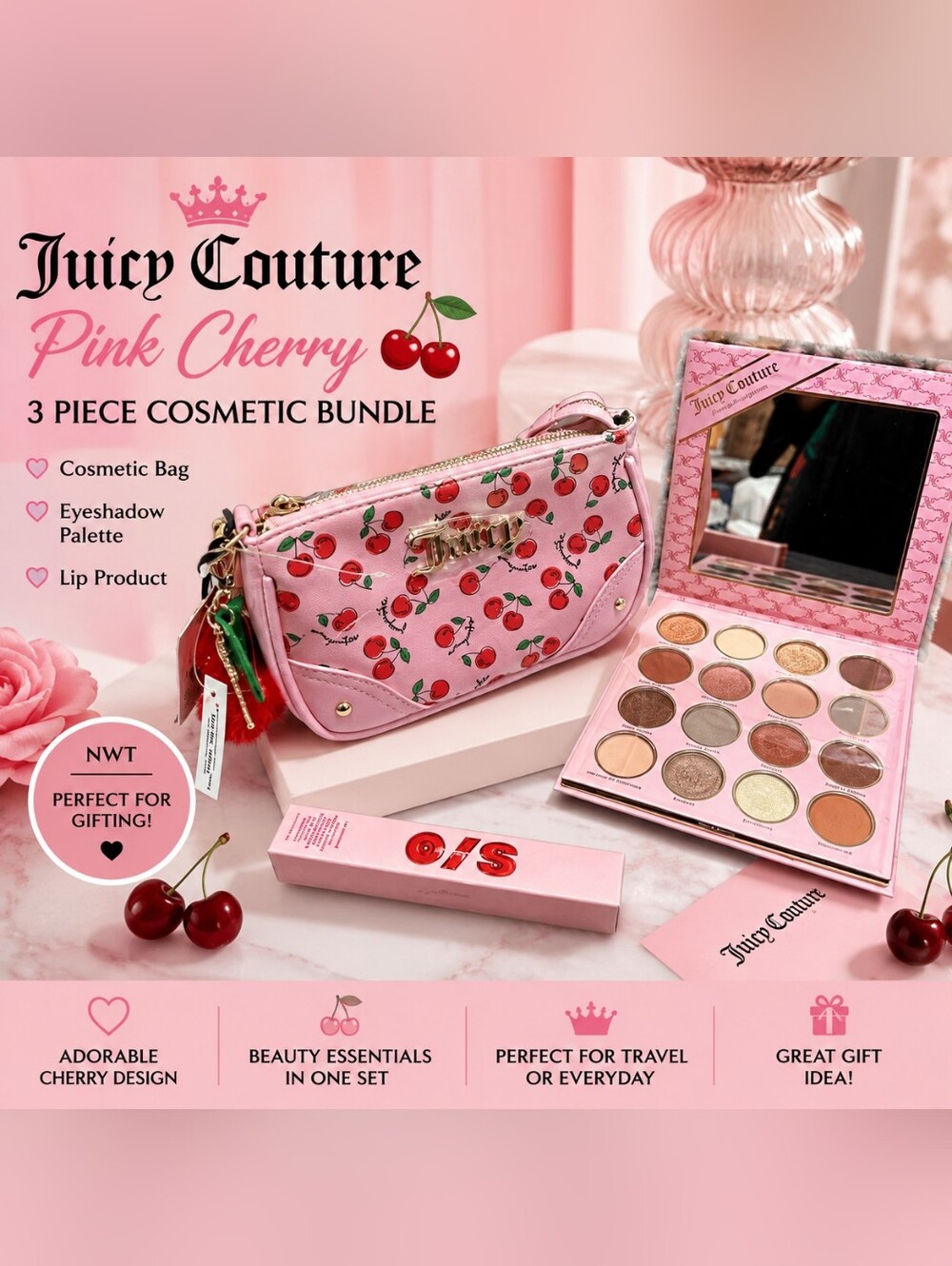 💕Juicy Couture Pink Cherry Wristlet Gift Set Bundle | Eyeshadow Palette & Lip